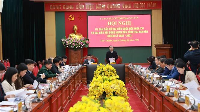 Ông Nguyễn Đăng Bình, Phó Bí thư Thường trực Tỉnh ủy, Chủ tịch HĐND tỉnh, Chủ tịch Ủy ban Bầu cử tỉnh Thái Nguyên phát biểu tại  Hội nghị Ủy ban Bầu cử Đại biểu Quốc hội Khóa XVI và đại biểu HĐND nhiệm kỳ 2026-2031. Ảnh: Thu Hằng-TTXVN
