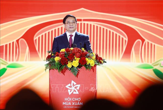 Thủ tướng Phạm Minh Chính phát biểu bế mạc Hội chợ mùa Xuân lần thứ nhất - năm 2026. Ảnh: Dương Giang-TTXVN
