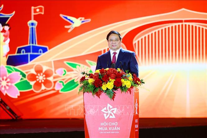 Thủ tướng Phạm Minh Chính phát biểu bế mạc Hội chợ mùa Xuân lần thứ nhất - năm 2026. Ảnh: Dương Giang-TTXVN
