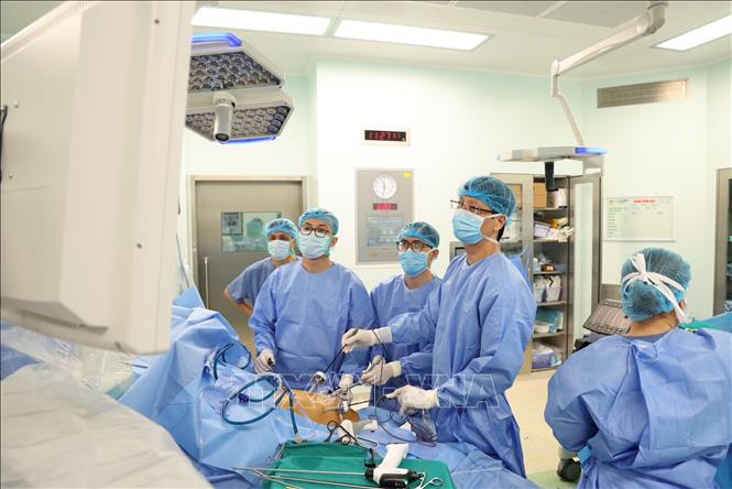 Các bác sĩ thực hiện lấy mảnh gan ghép từ người hiến bằng phẫu thuật nội soi, mang lại nhiều lợi ích cho người hiến gan hơn. Ảnh: TTXVN phát