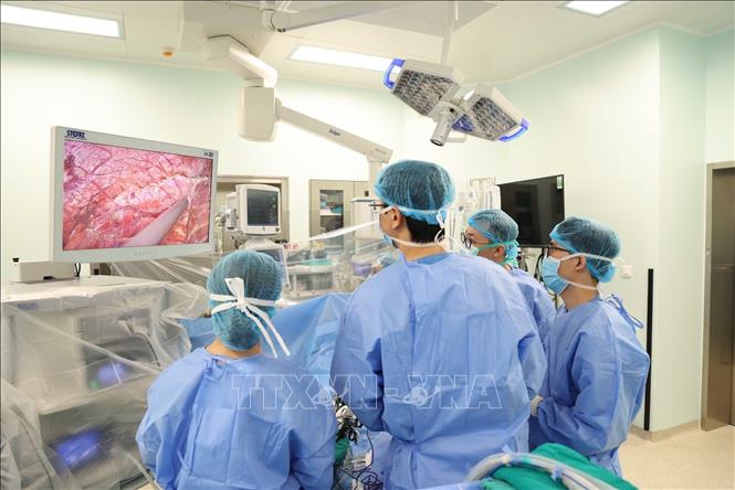 Các bác sĩ thực hiện lấy mảnh gan ghép từ người hiến bằng phẫu thuật nội soi, mang lại nhiều lợi ích cho người hiến gan hơn. Ảnh: TTXVN phát