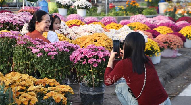 Người dân chụp ảnh cùng gia đình tại chợ hoa Xà No. Ảnh: Hồng Thái - TTXVN