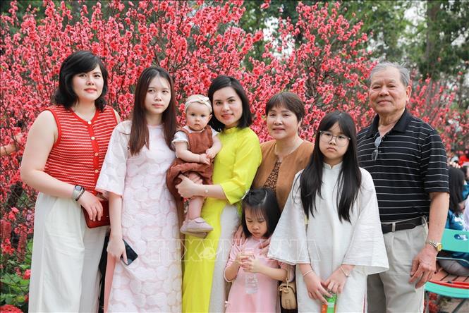 Người dân chụp ảnh lưu lại khoảnh khắc Xuân rực rỡ tại khu vực xung quanh Hồ Hoàn Kiếm. Ảnh: Khánh Hoà - TTXVN