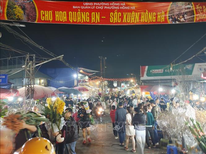 Chợ hoa Quảng An đông đúc những ngày giáp Tết. Ảnh: Nguyễn Cúc-TTXVN