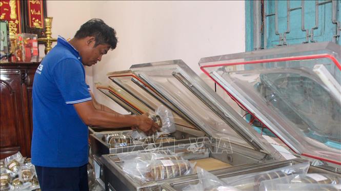 Bánh tét tại Cơ sở bánh tét Cô Bé (xã Tân Thạnh, tỉnh Tây Ninh) sau khi hấp được để nguội, cột lại cho đẹp rồi mới đóng gói, hút chân không nhằm bảo quản lâu và giữ nguyên hương vị truyền thống. Ảnh: Minh Phú - TTXVN
