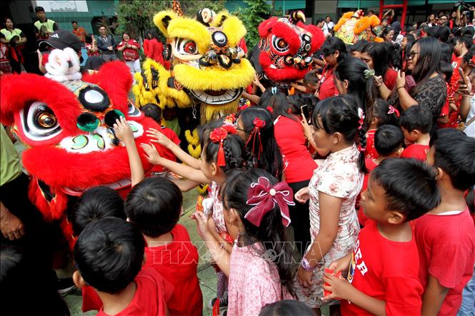 Múa sư tử đón Tết Nguyên đán tại Surakarta, Trung Java, Indonesia. Ảnh: THX/TTXVN