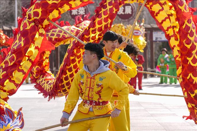 Biểu diễn múa Lân truyền thống mừng Tết cổ truyền Bính Ngọ 2026 tại thành phố Ngân Xuyên, Khu tự trị Ninh Hạ, Trung Quốc. Ảnh: THX/TTXVN