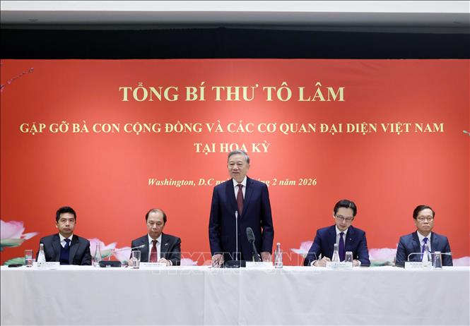 Tổng Bí thư Tô Lâm phát biểu tại buổi gặp gỡ. Ảnh: Thống Nhất – TTXVN