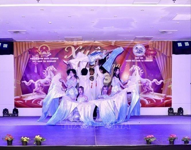 Tiết mục văn nghệ của cộng đồng người Việt Nam tại Hungary biểu diễn trong chương trình Tết cộng đồng Xuân Bính Ngọ 2026. Ảnh: TTXVN phát