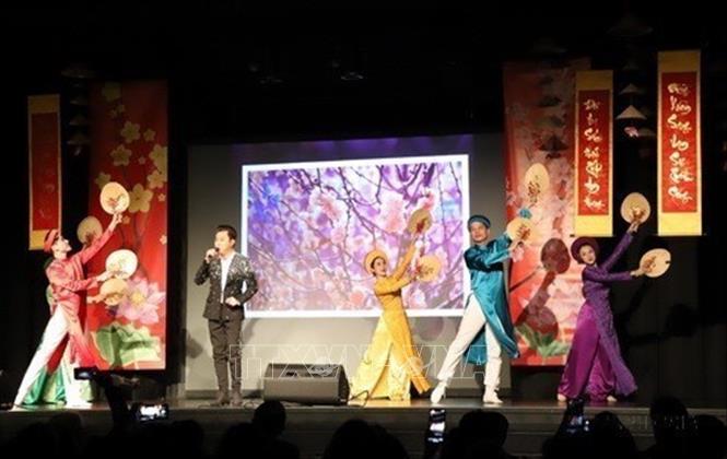 Tiết mục ca múa của Đoàn nghệ thuật Thành phố Hồ Chí Minh đón năm mới Giáp Thìn 2024 tại Frankfurt (Đức). Ảnh: Thu Hằng - TTXVN  