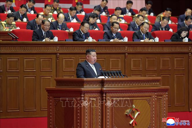 Nhà lãnh đạo Kim Jong Un phát biểu tại ngày làm việc thứ hai của Đại hội lần thứ IX Đảng Lao động Triều Tiên ở Bình Nhưỡng ngày 20/2/2026. Ảnh: KCNA/TTXVN