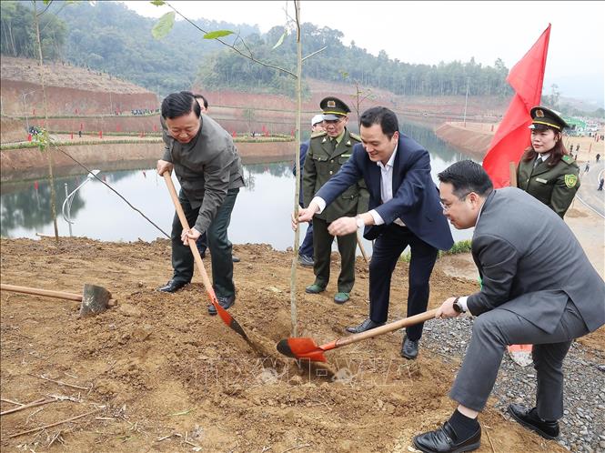 Phó Thủ tướng Trần Hồng Hà cùng các đại biểu tham gia trồng cây tại phường Lào Cai, tỉnh Lào Cai. Ảnh: Lâm Khánh – TTXVN
