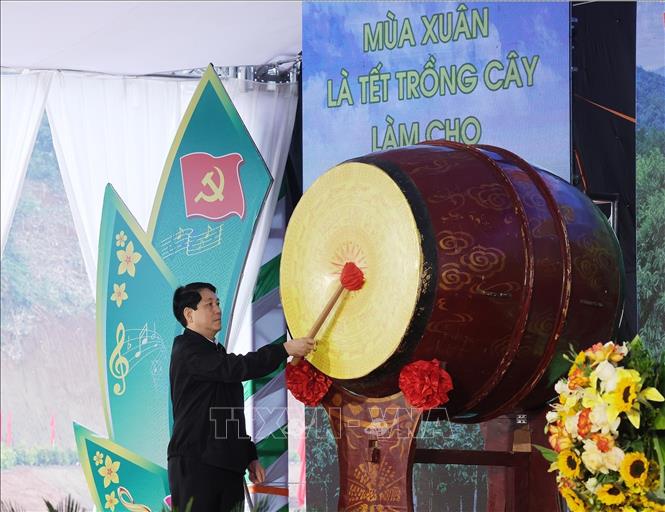 Chủ tịch nước Lương Cường đánh trống phát động “Tết trồng cây đời đời nhớ ơn Bác Hồ” năm 2026. Ảnh: Lâm Khánh – TTXVN