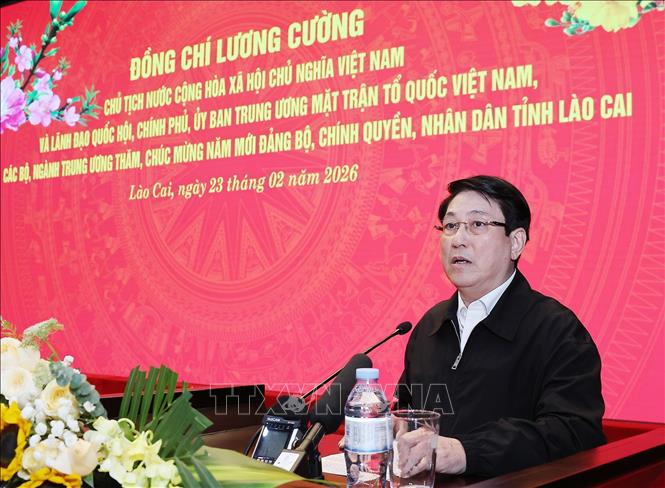 Chủ tịch nước Lương Cường chúc Tết Đảng bộ, chính quyền, Nhân dân các dân tộc, lực lượng vũ trang tỉnh Lào Cai. Ảnh: Lâm Khánh – TTXVN