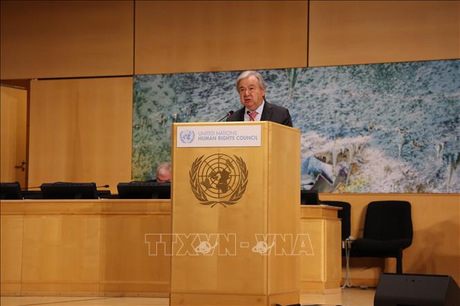 Tổng thư ký LHQ António Guterres phát biểu khai mạc Khóa họp 61 của Hội đồng Nhân quyền Liên hợp quốc. Ảnh: Anh Hiển - PV TTXVN tại Thụy Sĩ