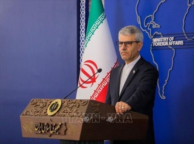 Người phát ngôn Bộ Ngoại giao Iran Esmaeil Baqaei phát biểu tại cuộc họp báo ở Tehran. Ảnh: IRNA/TTXVN