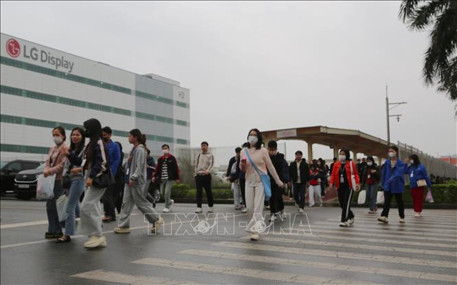 Người lao động di chuyển đến các doanh nghiệp trong Khu công nghiệp Tràng Duệ, Hải Phòng sáng 24/2. Ảnh: Minh Thu - TTXVN