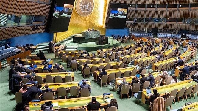 Toàn cảnh phiên họp khẩn cấp đặc biệt của Đại hội đồng LHQ liên quan tới cuộc xung đột Nga-Ukraine. Ảnh: TTXVN phát