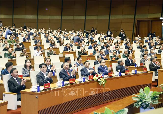 Tổng Bí thư Tô Lâm và các đồng chí lãnh đạo, nguyên lãnh đạo Đảng Nhà nước dự hộ nghị tại điểm cầu Hội trường Diên Hồng. Ảnh: Thống Nhất – TTXVN

