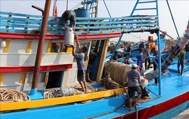Ngư dân vận chuyển bình gas cho chuyến ra khơi đầu năm mới. Ảnh: Hữu Chí - TTXVN