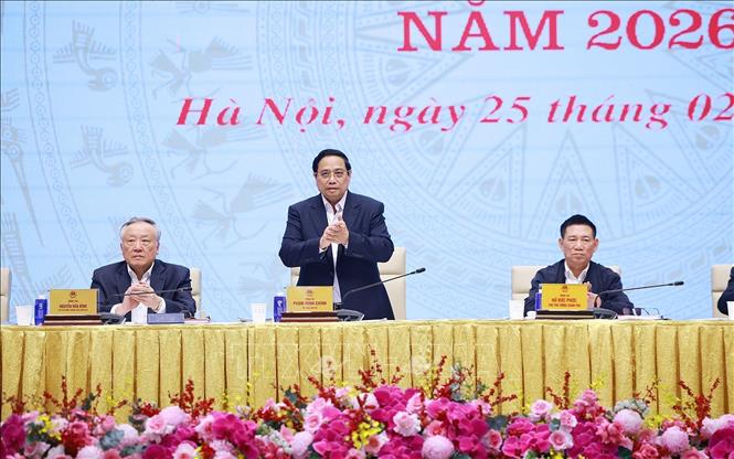 Thủ tướng Phạm Minh Chính chủ trì phiên họp lần thứ nhất - năm 2026 của BCĐ về phát triển khoa học, công nghệ, đổi mới sáng tạo, chuyển đổi số và Đề án 06. Ảnh: Dương Giang-TTXVN
