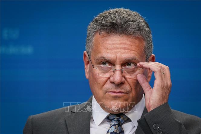 Ủy viên Thương mại Liên minh châu Âu (EU) Maros Sefcovic trong cuộc họp báo tại Brussels, Bỉ. Ảnh: THX/TTXVN