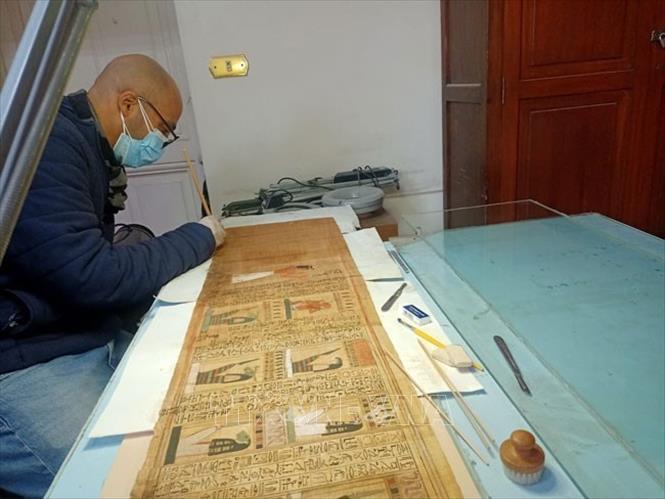 Chuyên gia Phòng thí nghiệm Bảo tồn Giấy cói của bảo tàng đang phục chế cuộn giấy cói của người ghi chép User-Hat-Mes. Ảnh: TTXVN phát