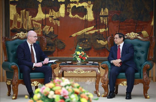 Thủ tướng Phạm Minh Chính tiếp Tổng giám đốc Hãng thông tấn TASS (Liên bang Nga) Andrey Kondrashov. Ảnh: Dương Giang-TTXVN
