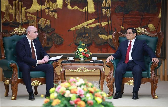  Thủ tướng Phạm Minh Chính tiếp Tổng giám đốc Hãng thông tấn TASS (Liên bang Nga) Andrey Kondrashov. Ảnh: Dương Giang-TTXVN
