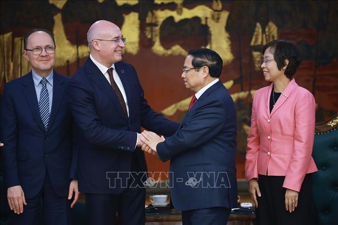  Thủ tướng Phạm Minh Chính tiếp Tổng giám đốc Hãng thông tấn TASS (Liên bang Nga) Andrey Kondrashov. Ảnh: Dương Giang-TTXVN
