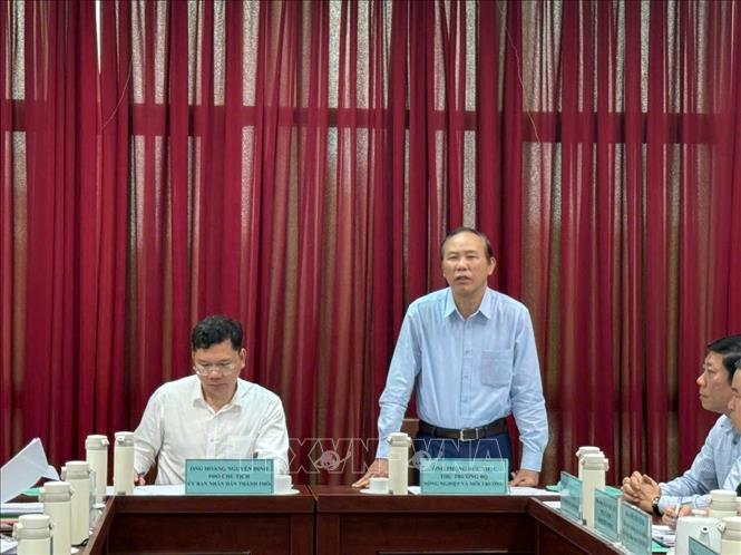 Thứ trưởng Bộ Nông nghiệp và Môi trường Phùng Đức Tiến phát biểu tại buổi làm việc. Ảnh: Hoàng Nhị - TTXVN.