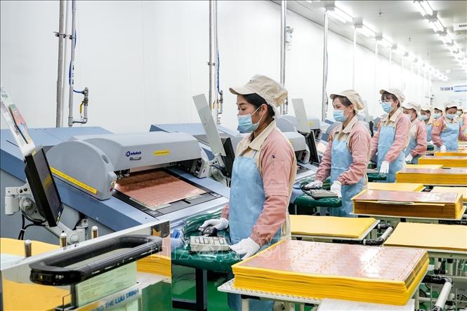 Không khí sản xuất đầu Xuân tại Công ty TNHH Điện tử Meiko Việt Nam, Khu công nghiệp Thạch Thất - Quốc Oai (Hà Nội). Ảnh: Trung Nguyên - TTXVN