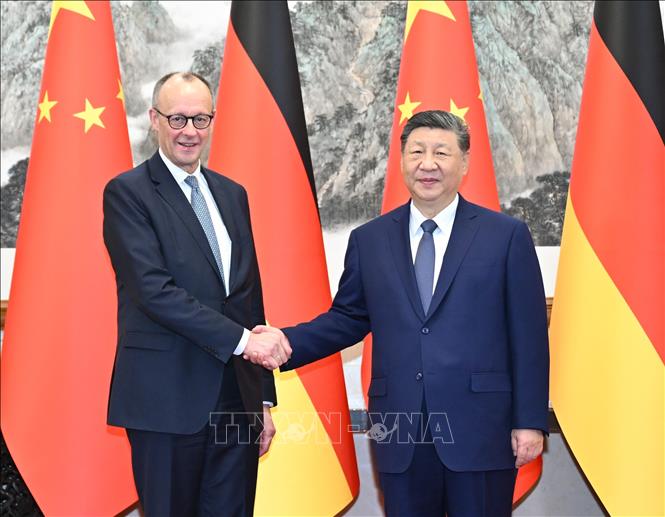 Chủ tịch Trung Quốc Tập Cận Bình (phải) và Thủ tướng Đức Friedrich Merz tại cuộc gặp ở Bắc Kinh ngày 25/2/2026. Ảnh: THX/TTXVN