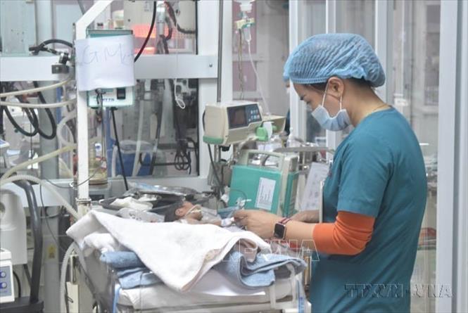 Bác sỹ và nhân viên y tế Khoa Hồi sức Cấp cứu Nhi và Nhi sơ sinh, Bệnh viện Đa khoa vùng Tây Nguyên miệt mài, ngày đêm chăm sóc, điều trị cho những bệnh nhi sơ sinh (2/2024). Ảnh: Nguyên Dung - TTXVN