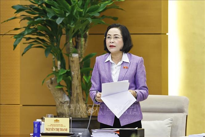 Phó Chủ tịch Quốc hội Nguyễn Thị Thanh, Ủy viên Hội đồng bầu cử Quốc gia phát biểu khai mạc Hội nghị. Ảnh: Doãn Tấn - TTXVN