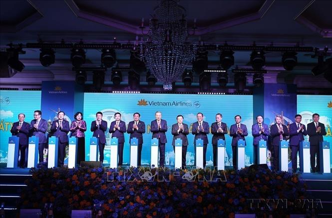 Trong chuyến thăm chính thức Liên bang Nga và dự Lễ kỷ niệm 80 năm Ngày Chiến thắng, chiều 9/5/2025, tại thủ đô Moskva, Tổng Bí thư Tô Lâm dự Lễ công bố đường bay thẳng Hà Nội - Moskva của hãng hàng không Vietnam Airlines. Ảnh: Thống Nhất – TTXVN