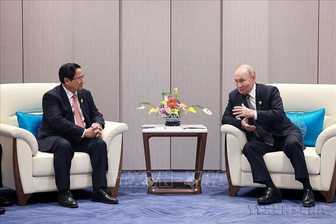 Nhân chuyến tham dự Hội nghị Thượng đỉnh Tổ chức Hợp tác Thượng Hải (SCO) 2025 tại thành phố Thiên Tân (Trung Quốc), chiều 1/9/2025, Thủ tướng Phạm Minh Chính gặp Tổng thống Nga Vladimir Putin. Ảnh: Dương Giang-TTXVN