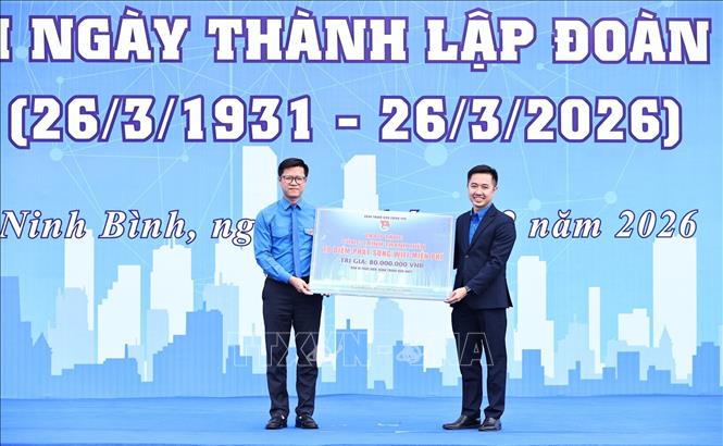 Các đơn vị thuộc đoàn Chính phủ trao tặng các nguồn lực cho tỉnh đoàn Ninh Bình. Ảnh: Minh Đức - TTXVN