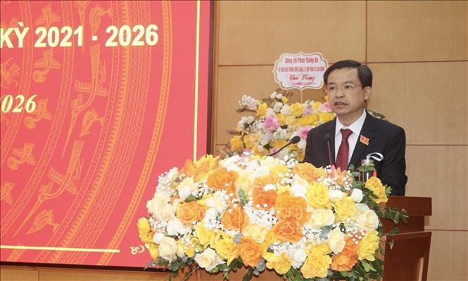 Phó Bí thư Thường trực Tỉnh uỷ, Chủ tịch HĐND tỉnh Cao Bằng Bế Thanh Tịnh phát biểu. Ảnh: Chu Hiệu-TTXVN