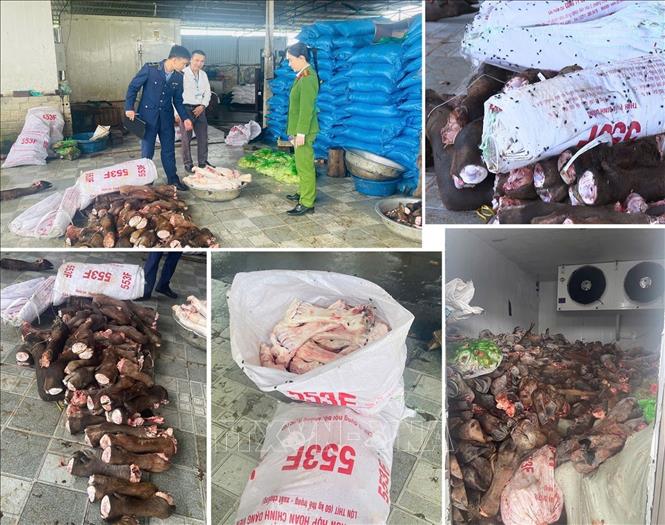 Làm việc với lực lượng chức năng, các chủ hộ thừa nhận đã thu gom số hàng hóa trôi nổi trên thị trường, sau đó sơ chế, phân loại và bán lại cho các tiểu thương, quán phở, quán lẩu, quán nhậu trên địa bàn để tiêu thụ. Ảnh TTXVN phát 