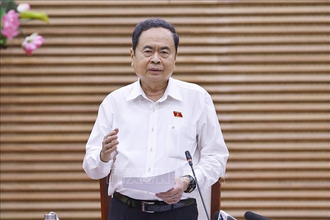 Chủ tịch Quốc hội Trần Thanh Mẫn, Chủ tịch Hội đồng Bầu cử quốc gia phát biểu kết luận, chỉ đạo cuộc làm việc. Ảnh: Doãn Tấn - TTXVN