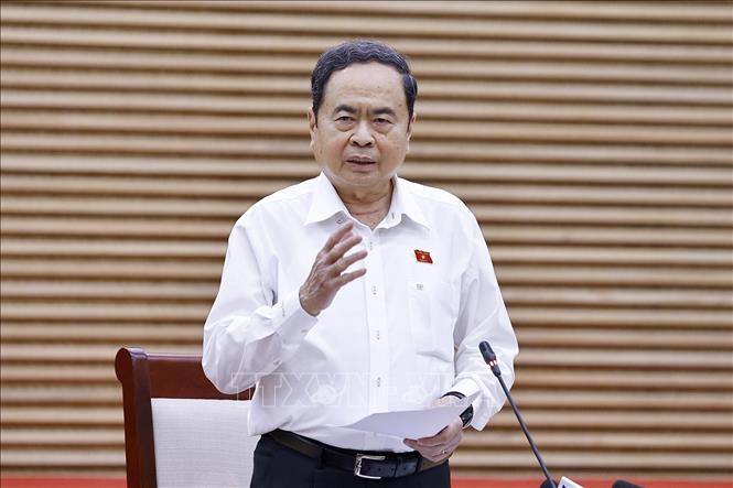 Chủ tịch Quốc hội Trần Thanh Mẫn, Chủ tịch Hội đồng Bầu cử quốc gia phát biểu kết luận, chỉ đạo cuộc làm việc. Ảnh: Doãn Tấn - TTXVN