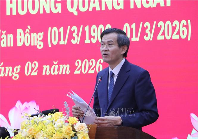 Ủy viên Bộ Chính trị, Giám đốc Học viện Chính trị quốc gia Hồ Chí Minh Đoàn Minh Huấn phát biểu. Ảnh: TTXVN phát