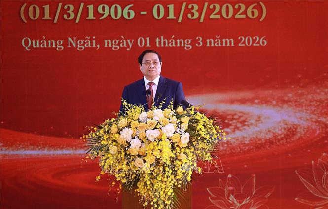 Thủ tướng Phạm Minh Chính phát biểu tại Lễ kỷ niệm 120 năm Ngày sinh Thủ tướng Phạm Văn Đồng. Ảnh: Dương Giang-TTXVN