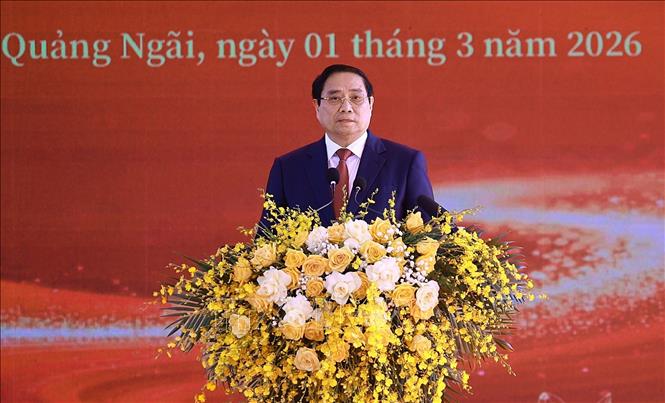 Thủ tướng Phạm Minh Chính phát biểu tại Lễ kỷ niệm 120 năm Ngày sinh Thủ tướng Phạm Văn Đồng. Ảnh: Dương Giang-TTXVN