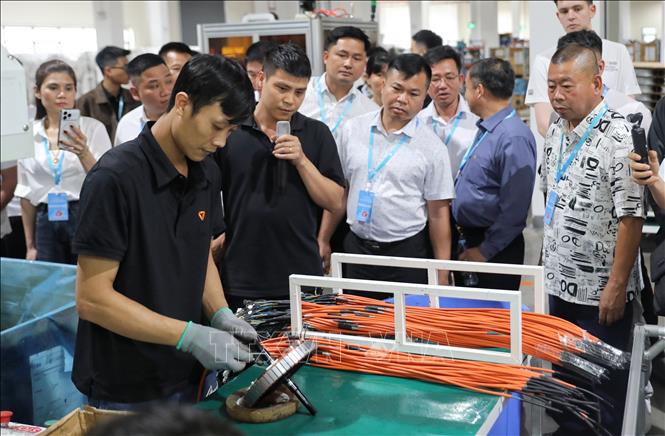 Các đại biểu tham quan Dây chuyền sản xuất, lắp ráp xe. Ảnh: Danh Lam -TTXVN 