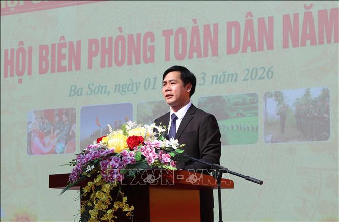 Chủ tịch UBND xã Ba Sơn, tỉnh Lạng Sơn Nguyễn Văn Thịnh phát biểu tại Ngày hội Biên phòng toàn dân năm 2026
Ảnh: Quang Duy – TTXVN