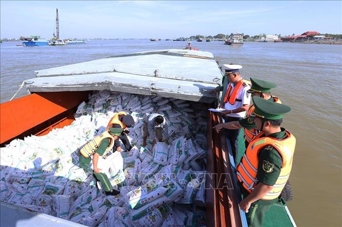 Bộ đội Biên phòng phối hợp với lực lượng chức năng kiểm soát hàng xuất khẩu qua cửa khẩu quốc tế Thường Phước, xã Thường Phước, tỉnh Đồng Tháp. Ảnh: Vũ Sinh – TTXVN