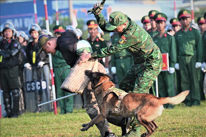 Chiến sĩ thuộc Bộ Chỉ huy Quân sự Tây Ninh cùng chó nghiệp vụ biểu diễn các nội dung tại lễ ra quân. Ảnh: Bùi Giang - TTXVN