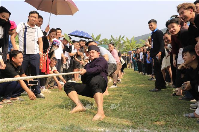 Trò chơi kéo co thu hút sự cổ vũ của người dân và du khách. Ảnh: Đinh Thùy - TTXVN